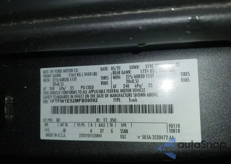 2021 Ford F-150 Xl z USA, uszkodzony, nr VIN 1FTFW1E52MFB59592